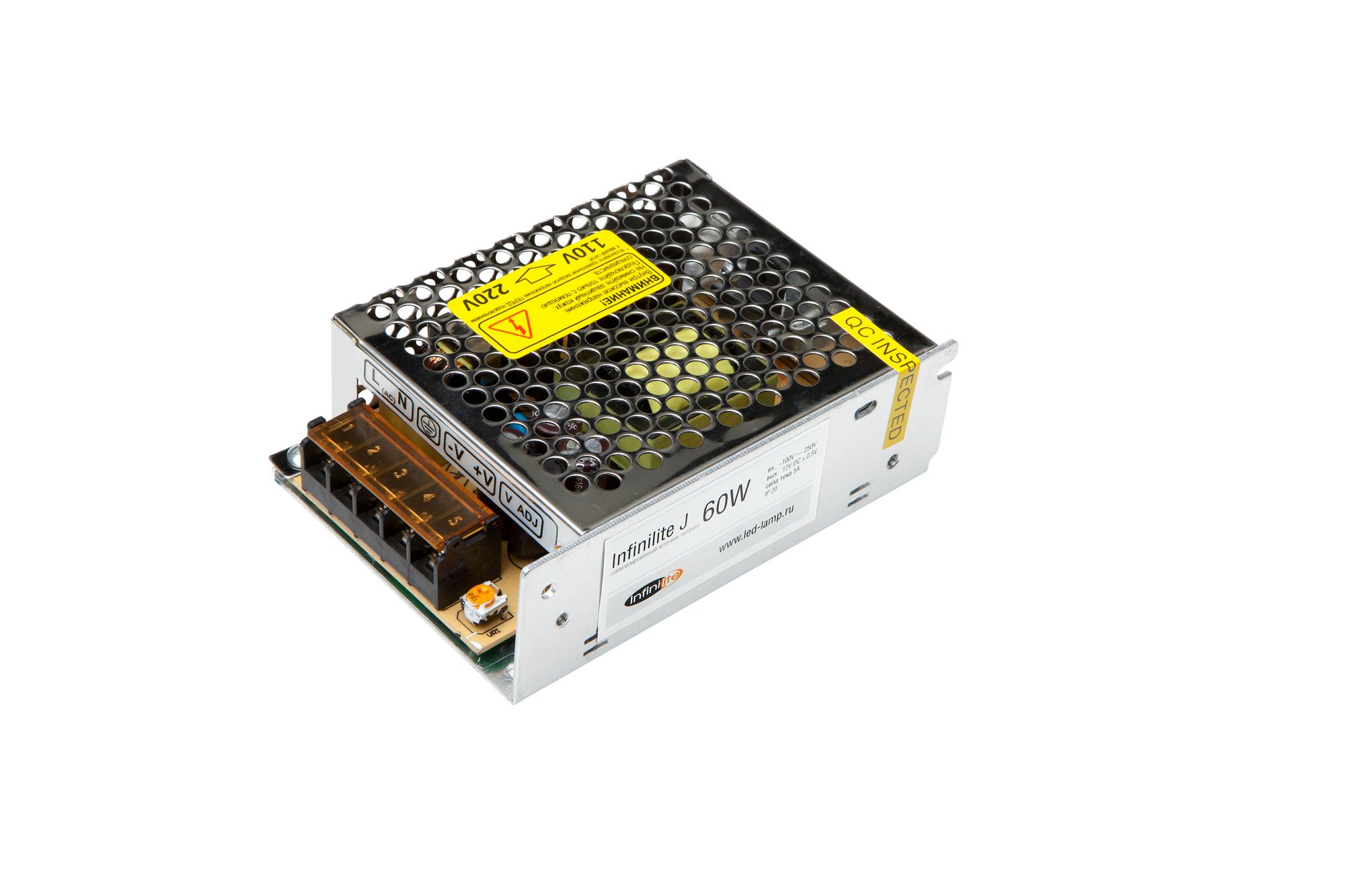 Блок питания 60W IP20 Infinilite для светодиодных лент, линеек, модулей, ламп, 12 В, DC, ток 5.00 A, интерьерный, металл