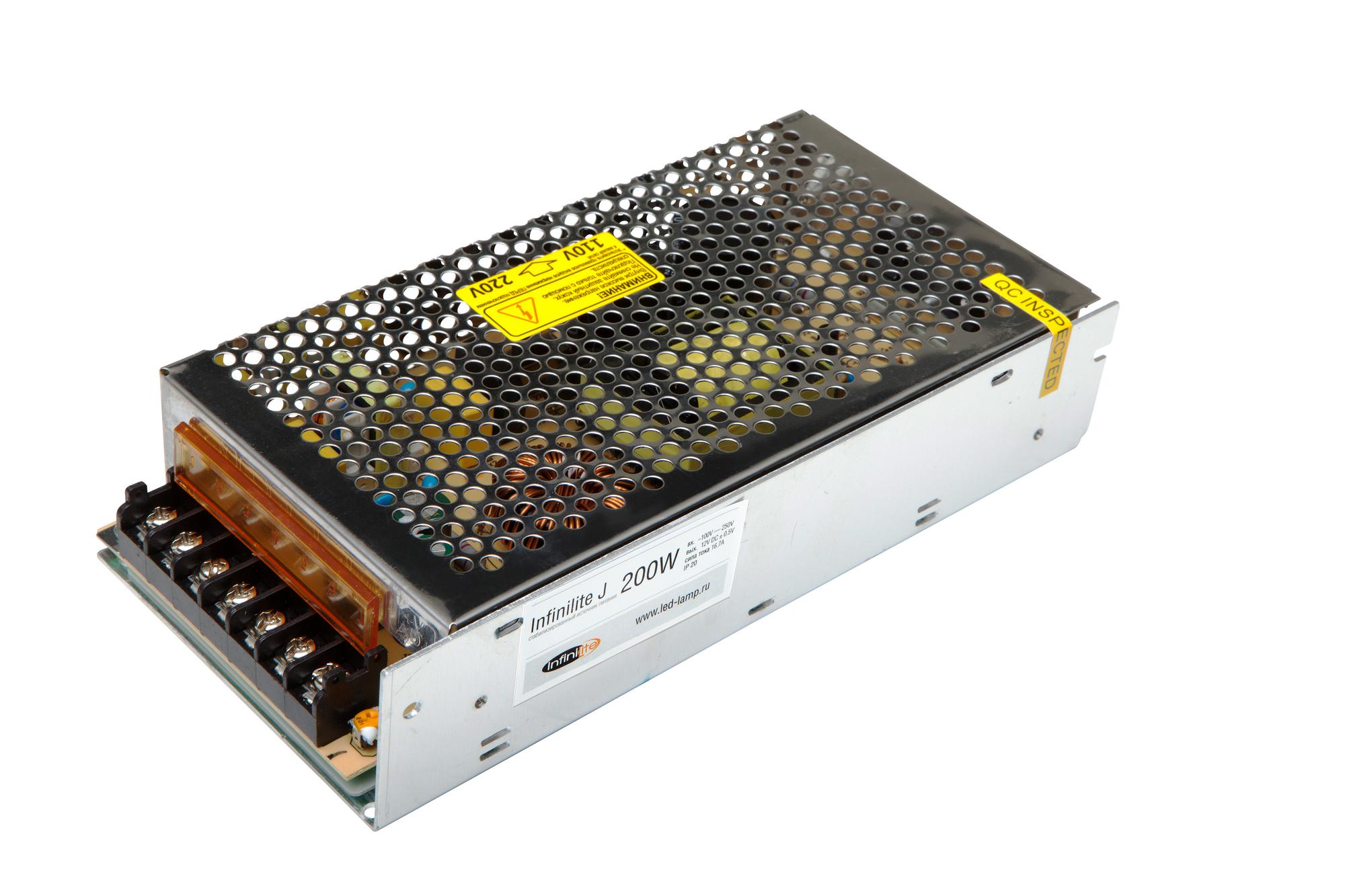 Блок питания 200W, IP20, Infinilite для светодиодных лент, линеек, модулей, ламп, 12 В, DC, ток 16.67 A, интерьерный, металл